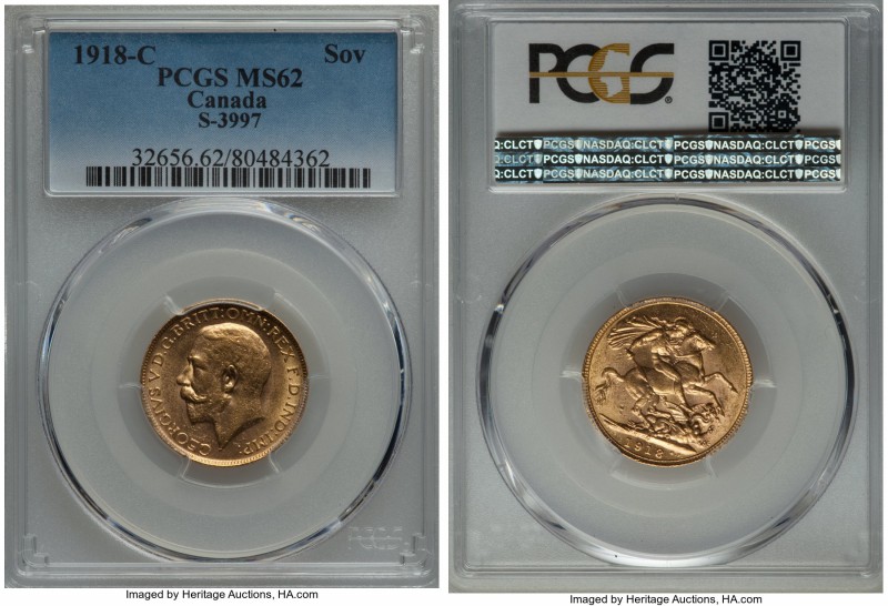 George V gold Sovereign 1918-C MS62 PCGS, Ottawa mint, KM20, S-3997. Tiny ticks ...