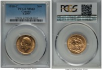 George V gold Sovereign 1918-C MS62 PCGS, Ottawa mint, KM20, S-3997. Tiny ticks and marks establish the grade, though the piece remains lustrous and a...