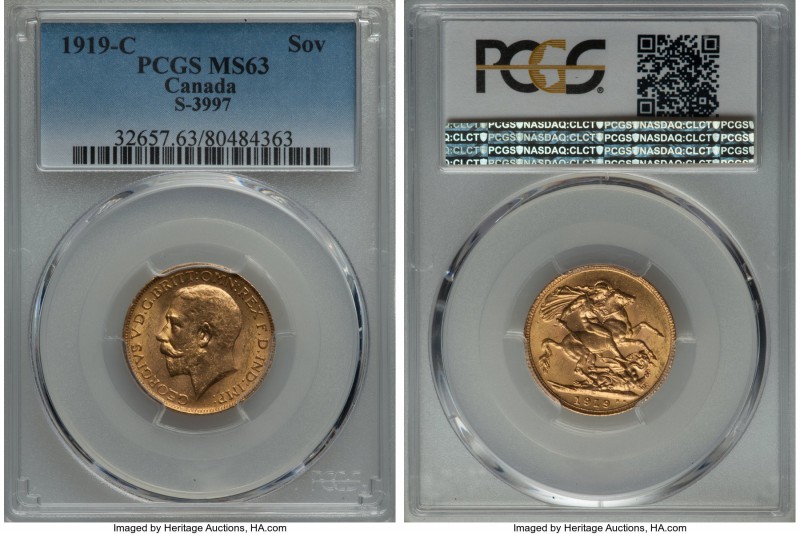 George V gold Sovereign 1919-C MS63 PCGS, Ottawa mint, KM20, S-3997. Choice, wit...