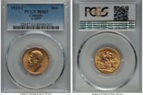 George V gold Sovereign 1919-C MS63 PCGS, Ottawa mint, KM20, S-3997. Choice, with an engaging appearance and an abundance of satiny luster.

HID999121...