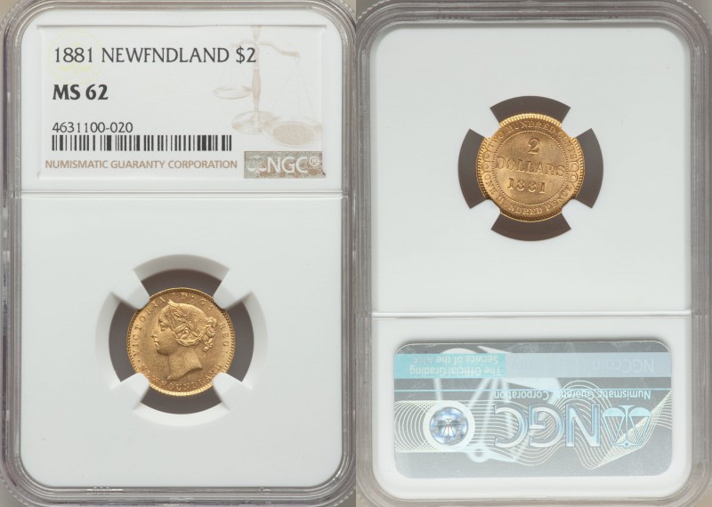 Newfoundland. Victoria gold 2 Dollars 1881 MS62 NGC, London mint, KM5. A highly ...