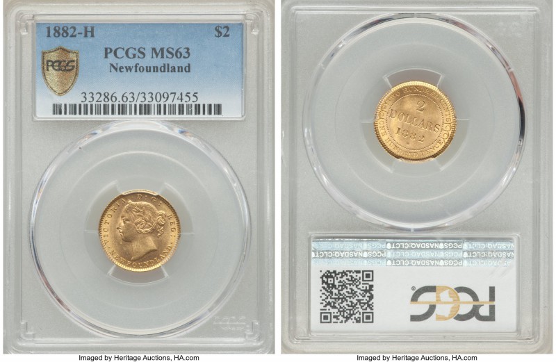 Newfoundland. Victoria gold 2 Dollars 1882-H MS63 PCGS, Heaton mint, KM5. A velv...