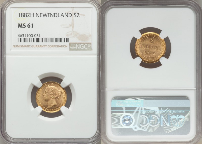 Newfoundland. Victoria gold 2 Dollars 1882-H MS61 NGC, Heaton mint, KM5. An embl...