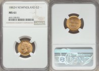 Newfoundland. Victoria gold 2 Dollars 1882-H MS61 NGC, Heaton mint, KM5. An emblematic example of Newfoundland coinage from the period, a light smatte...