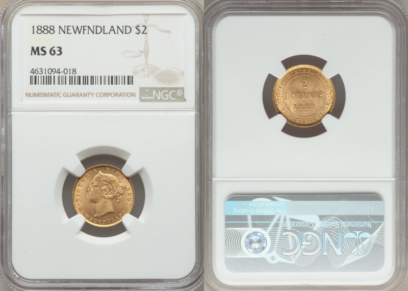 Newfoundland. Victoria gold 2 Dollars 1888 MS63 NGC, London mint, KM5. A most co...