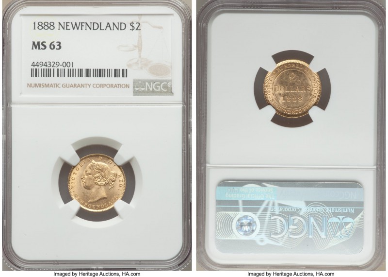 Newfoundland. Victoria gold 2 Dollars 1888 MS63 NGC, KM5. A wholesome piece with...