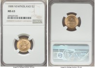 Newfoundland. Victoria gold 2 Dollars 1888 MS63 NGC, KM5. A wholesome piece with a soft bloom of marigold and impressive surfaces that are on the prec...