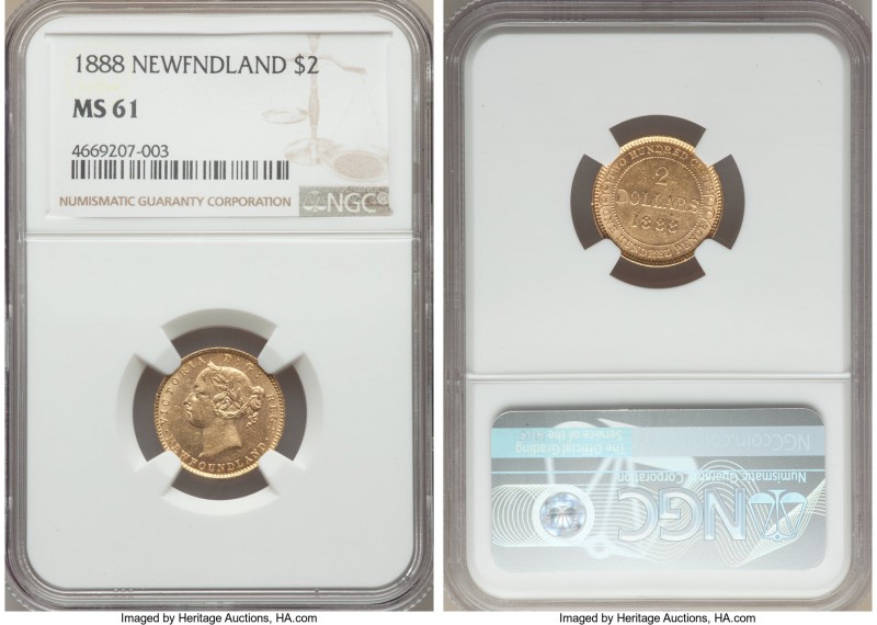Newfoundland. Victoria gold 2 Dollars 1888 MS61 NGC, KM5. A pleasant type featur...