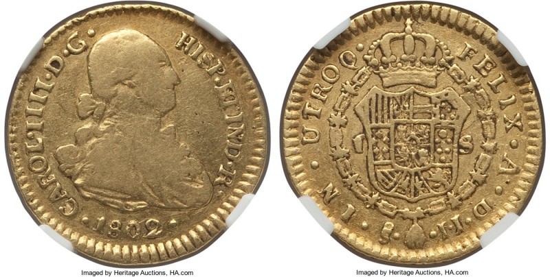Charles IV gold Escudo 1802 So-JJ VF25 NGC, Santiago mint, KM61. Quite rare, wit...
