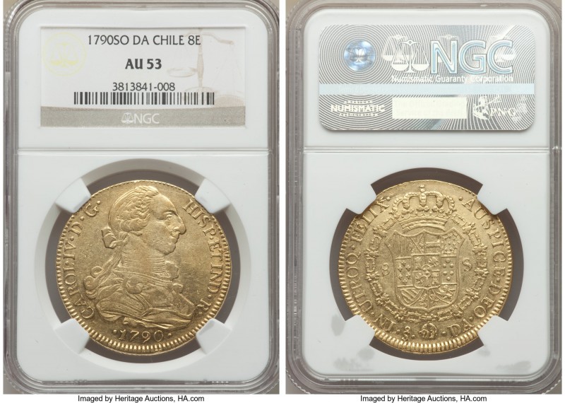 Charles IV gold 8 Escudos 1790 So-DA AU53 NGC, Santiago mint, KM42. A bold and p...