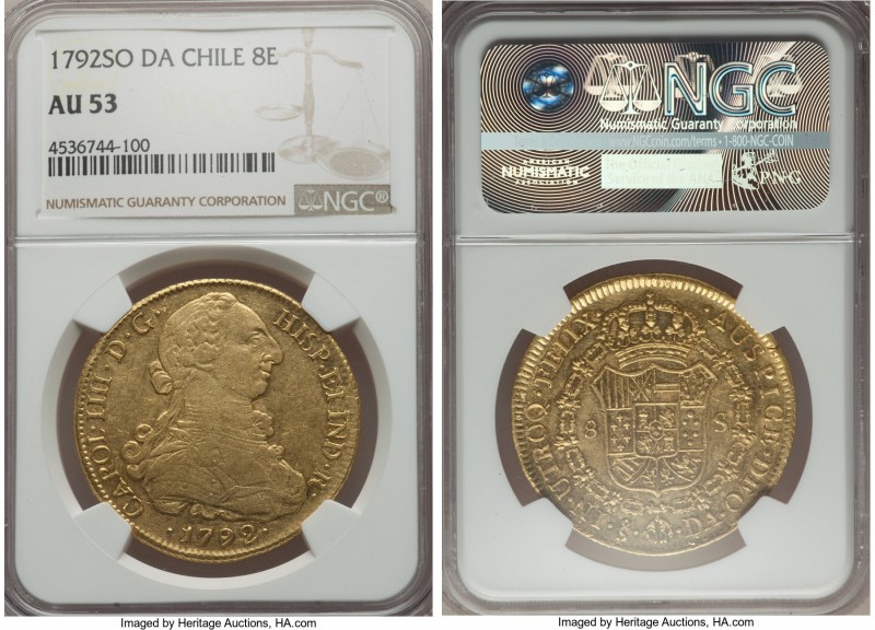 Charles IV gold 8 Escudos 1792 So-DA AU53 NGC, Santiago mint, KM54. Notably well...