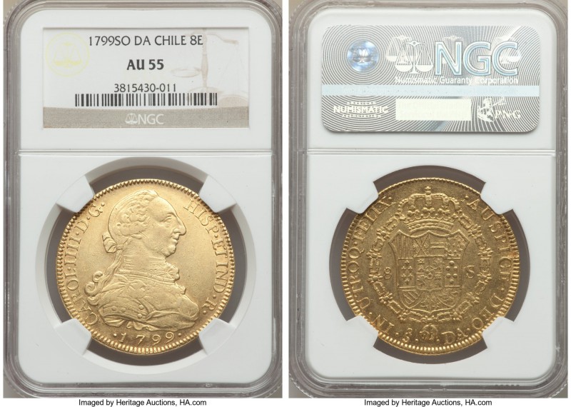 Charles IV gold 8 Escudos 1799 So-DA AU55 NGC, Santiago mint, KM54. A very prese...