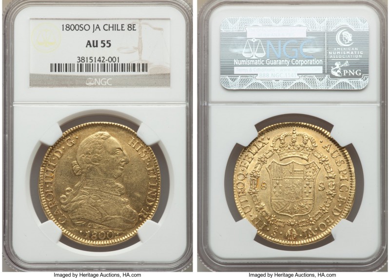 Charles IV gold 8 Escudos 1800 So-JA AU55 NGC, Santiago mint, KM54. Subtly redde...