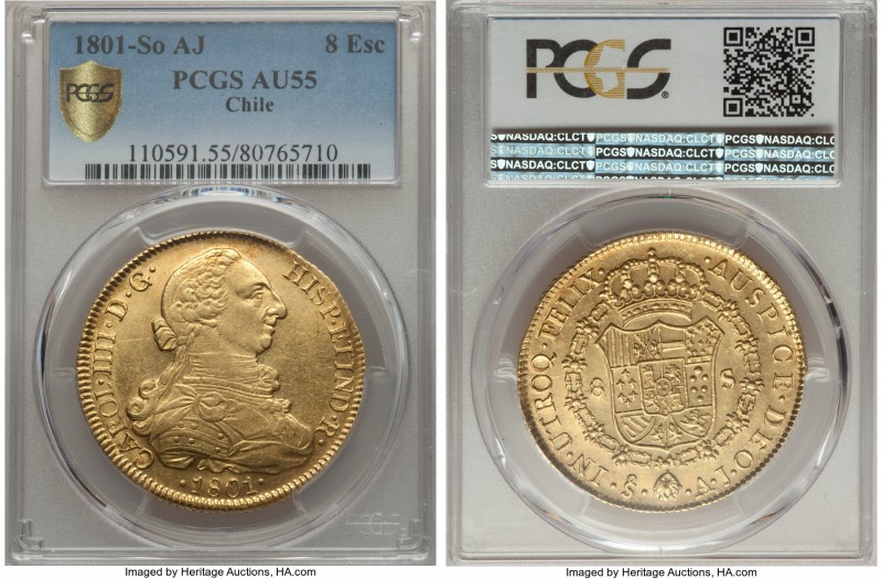 Charles IV gold 8 Escudos 1801 So-AJ AU55 PCGS, Santiago mint, KM54. A comparati...