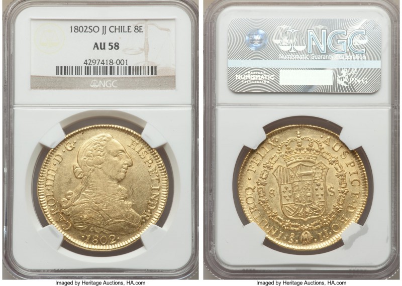 Charles IV gold 8 Escudos 1802 So-JJ AU58 NGC, Santiago mint, KM54. Glassy at th...