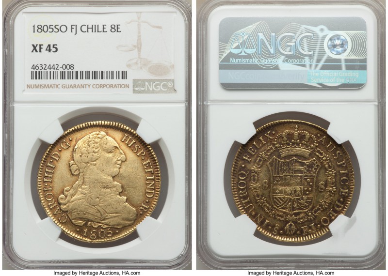 Charles IV gold 8 Escudos 1805 So-FJ XF45 NGC, Santiago mint, KM54. Well-toned t...
