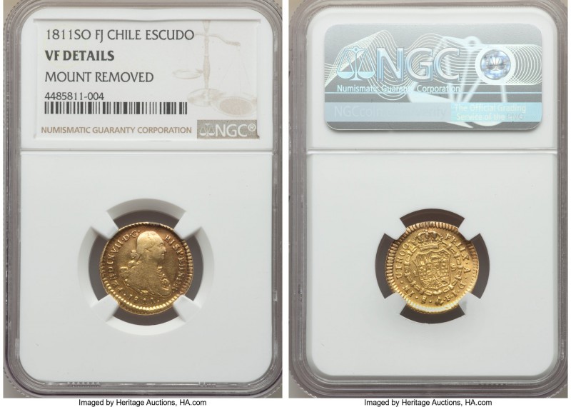 Ferdinand VII gold Escudo 1811 So-FJ VF Details (Mount Removed) NGC, Santiago mi...