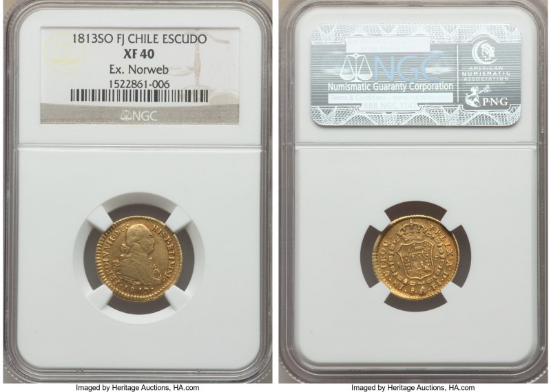 Ferdinand VII gold Escudo 1813 So-FJ XF40 NGC, Santiago mint, KM76. Wholesomely ...