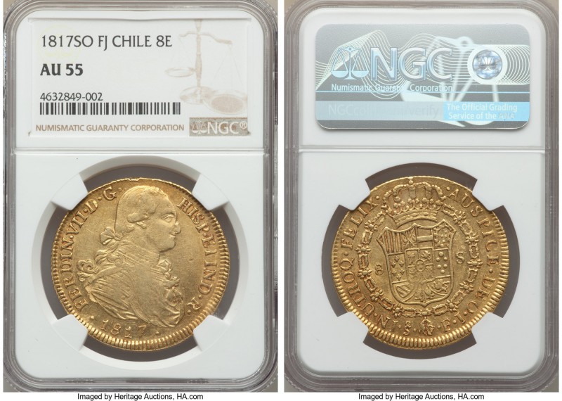 Republic gold 8 Escudos 1817 So-FJ AU55 NGC, Santiago mint, KM78. Significant mi...