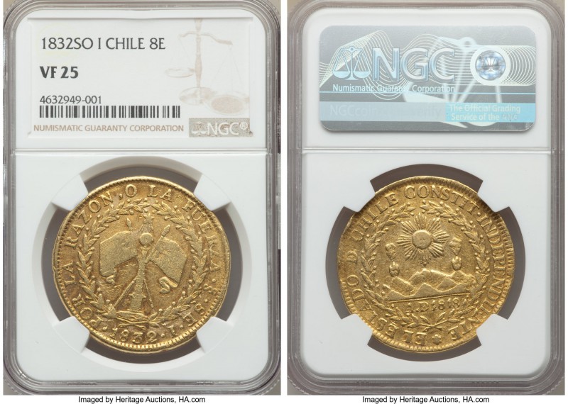 Republic gold 8 Escudos 1832 So-I VF25 NGC, Santiago mint, KM84. Very well prese...