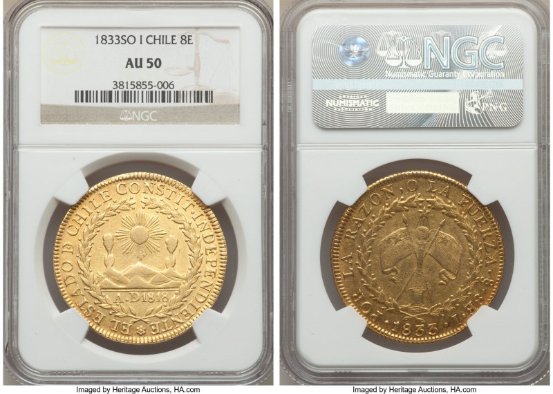 Republic gold 8 Escudos 1833 So-I AU50 NGC, Santiago mint, KM84. Quite attractiv...