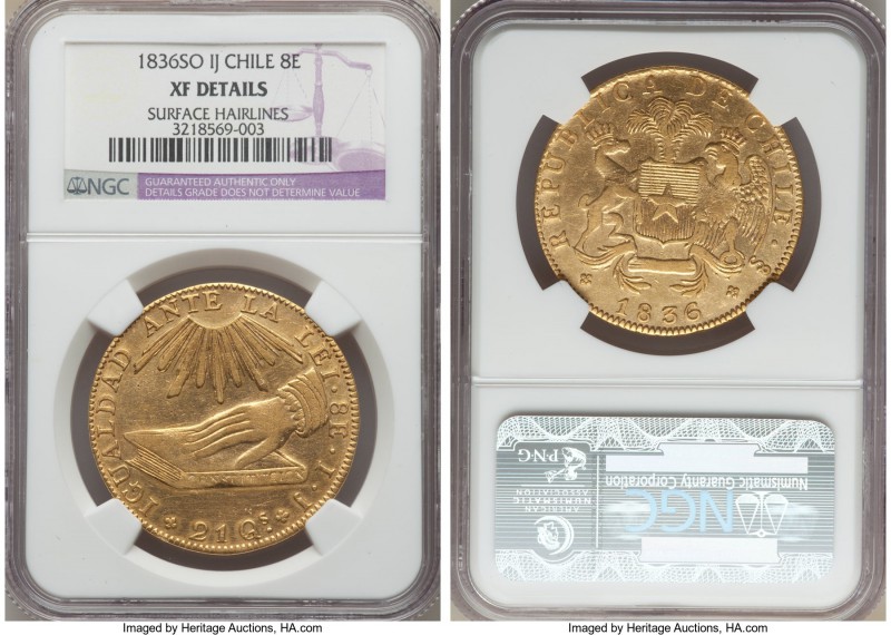 Republic gold 8 Escudos 1836 So-IJ XF Details (Surface Hairlines) NGC, Santiago ...