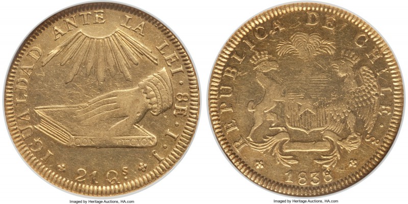 Republic gold 8 Escudos 1838 So-IJ AU55 NGC, Santiago mint, KM93. Exhibiting min...
