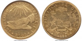 Republic gold 8 Escudos 1838 So-IJ AU55 NGC, Santiago mint, KM93. Exhibiting minor central weakness as it typical, with bright surfaces and only minor...