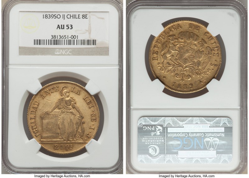 Republic gold 8 Escudos 1839 So-IJ AU53 NGC, Santiago mint, KM104.1. The first y...