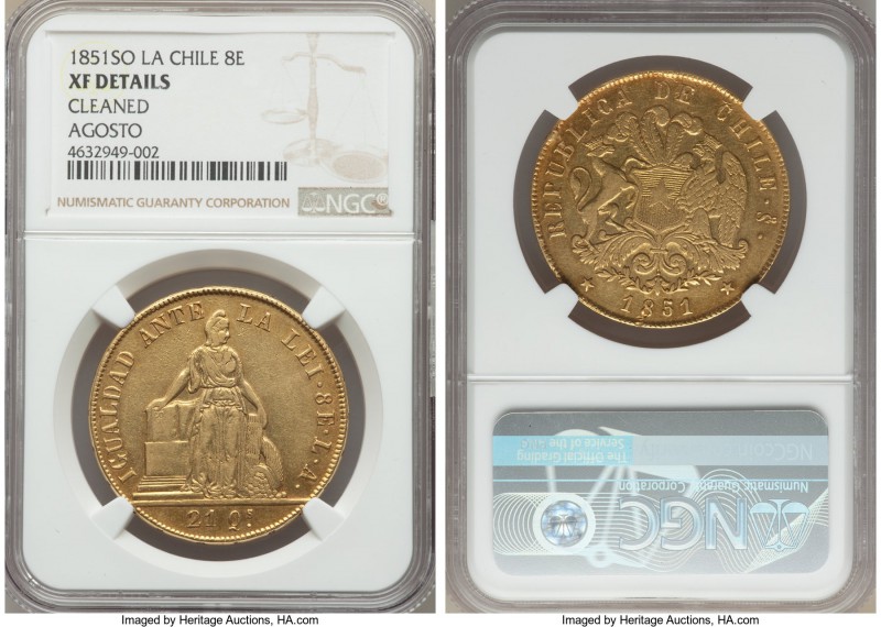 Republic gold 8 Escudos 1851 So-LA XF Details (Cleaned) NGC, Santiago mint, KM10...