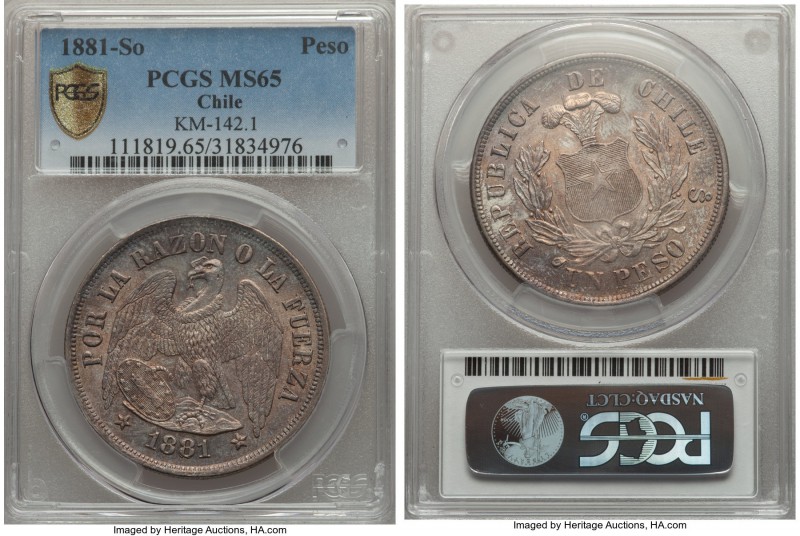 Republic Peso 1881-So MS65 PCGS, Santiago mint, KM142.1. A markedly pristine gem...