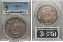 Republic Peso 1881-So MS65 PCGS, Santiago mint, KM142.1. A markedly pristine gem, none ranking higher at either NGC or PCGS, showcasing a bold peach g...