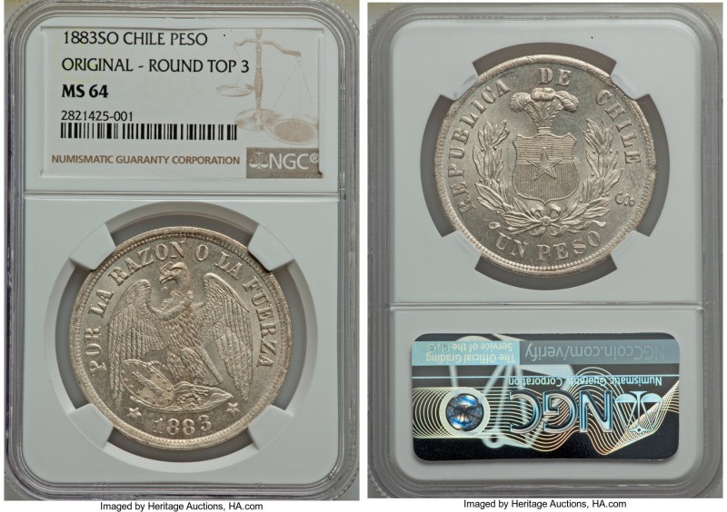 Republic Peso 1883-So MS64 NGC, Santiago mint, KM142.1. Round top 3.

HID9991210...