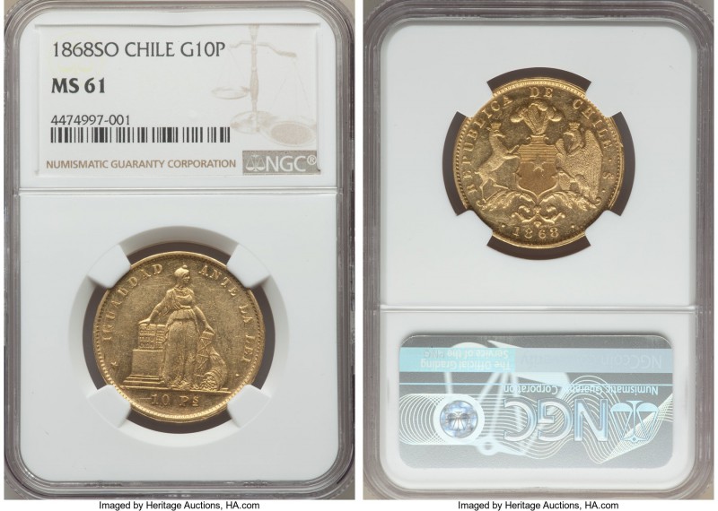 Republic gold 10 Pesos 1868-So MS61 NGC, Santiago mint, KM145. Unusually fine fo...