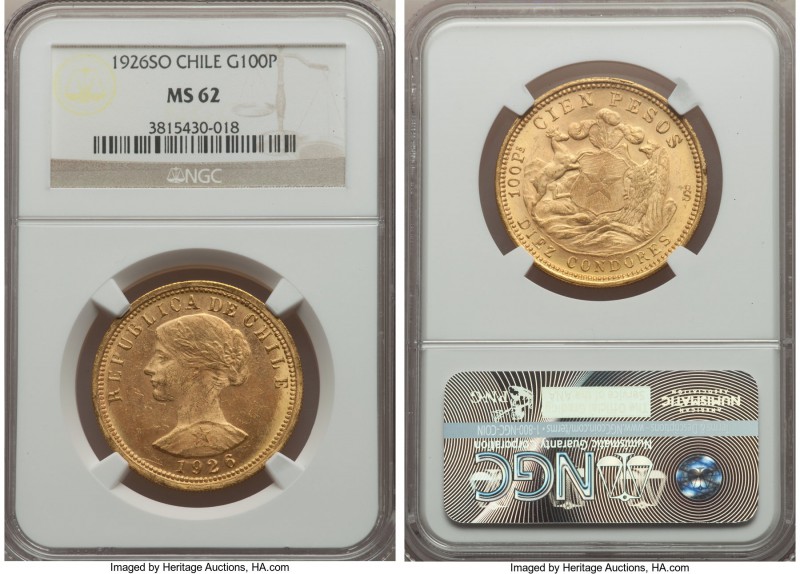 Republic gold 100 Pesos 1926-So MS62 NGC, Santiago mint, KM170. Luminosity and a...