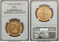 Republic gold 100 Pesos 1926-So MS62 NGC, Santiago mint, KM170. Luminosity and a mildly prooflike finish in the fields is complemented by thick die po...