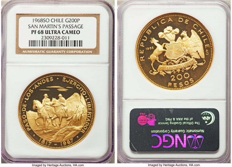 Republic gold Proof "San Martin's Passage" 200 Pesos 1968 PR68 Ultra Cameo NGC, ...
