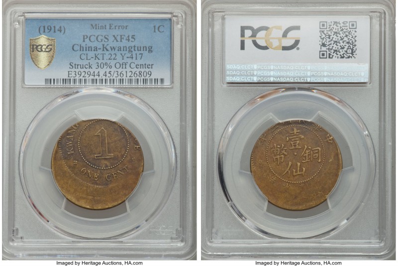 Kwangtung. Republic Mint Error Cent Year 3 (1914) XF45 PCGS, KM-Y417a, CL-KT.22....