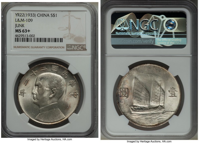 Republic Sun Yat-sen "Junk" Dollar Year 22 (1933) MS63+ NGC, KM-Y345, L&M-109. A...