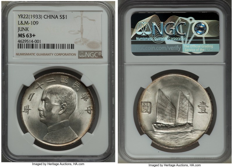 Republic Sun Yat-sen "Junk" Dollar Year 22 (1933) MS63+ NGC KM-Y345, L&M-109. A ...