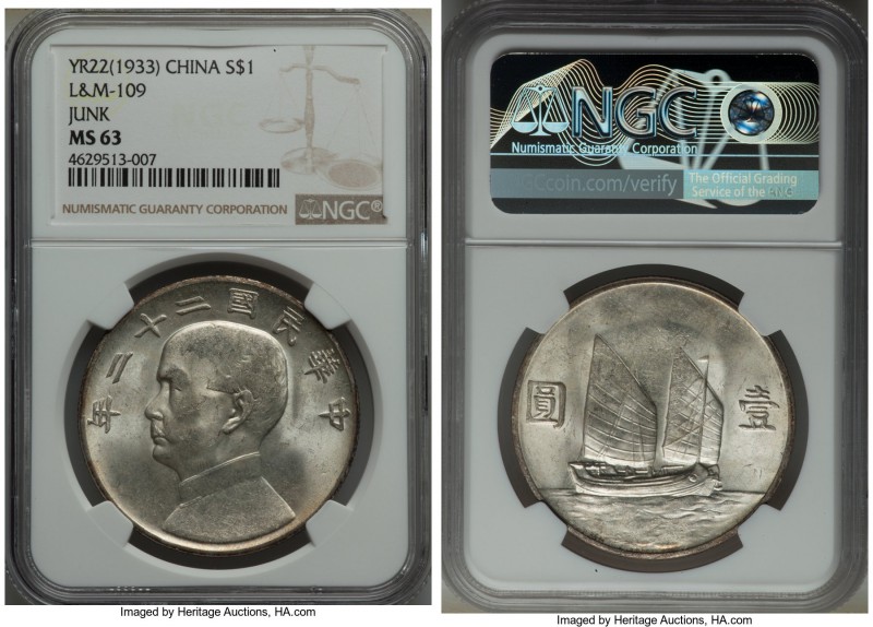 Republic Sun Yat-sen "Junk" Dollar Year 22 (1933) MS63 NGC, KM-Y345, L&M-109. An...
