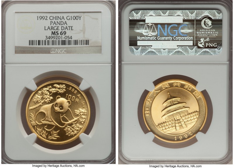 People's Republic gold "Large Date" Panda 100 Yuan (1 oz) 1992 MS69 NGC, KM395. ...