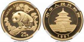 People's Republic gold "Large Date" Panda 25 Yuan (1/4 oz) 1997 MS69 NGC, KM989, PAN-281A. A sublime example showing a full cameo effect and not a sin...