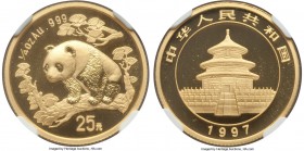 People's Republic gold "Large Date" Panda 25 Yuan (1/4 oz) 1997 MS69 NGC, KM989, PAN-281A. Lustrous and virtually perfect, with satiny devices contras...