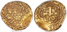 Ferdinand VI gold 2 Escudos ND (1746-1756) F-S AU55 PCGS, Sante Fe mint, 3.44gm, Cal-Type 51, Restrepo-M94. Heavily double-struck on the obverse, a no...