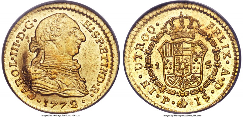 Charles III gold Escudo 1772 P-JS MS64 PCGS KM48.2. Highly lustrous and attracti...