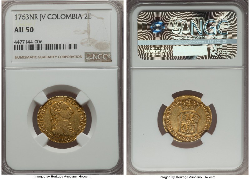 Charles III gold 2 Escudos 1763 NR-JV AU50 NGC, Nuevo Reino mint, KM40. Some min...