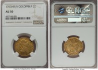Charles III gold 2 Escudos 1763 NR-JV AU50 NGC, Nuevo Reino mint, KM40. Some minor evidence of handling with no significant nicks, a pleasing red-oran...
