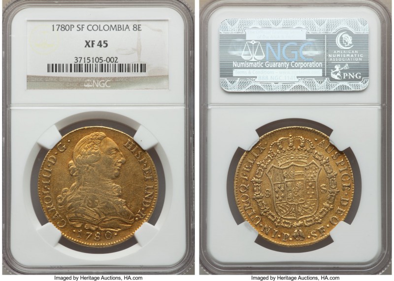 Charles III gold 8 Escudos 1780 P-SF XF45 NGC, Popayan mint, KM50.2. Preserving ...