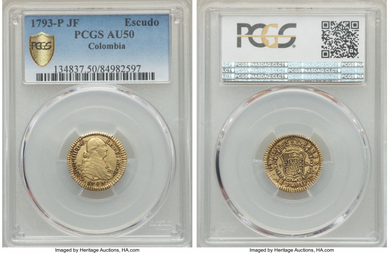 Charles IV gold Escudo 1793 P-JF AU50 PCGS, Popayan mint, KM56.2. Dark accents g...